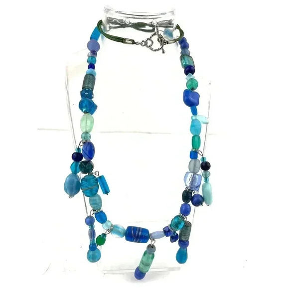 Frosted Blue Glass Boho Style Beaded Necklace 25" Shades Dangle Frosted Beads - Picture 10 of 10